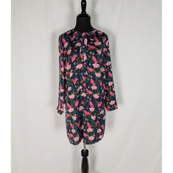 Old Navy Dress M Women's Blue Floral Long Sleeve Tie Neck Satin Shift - Picture 1 of 7